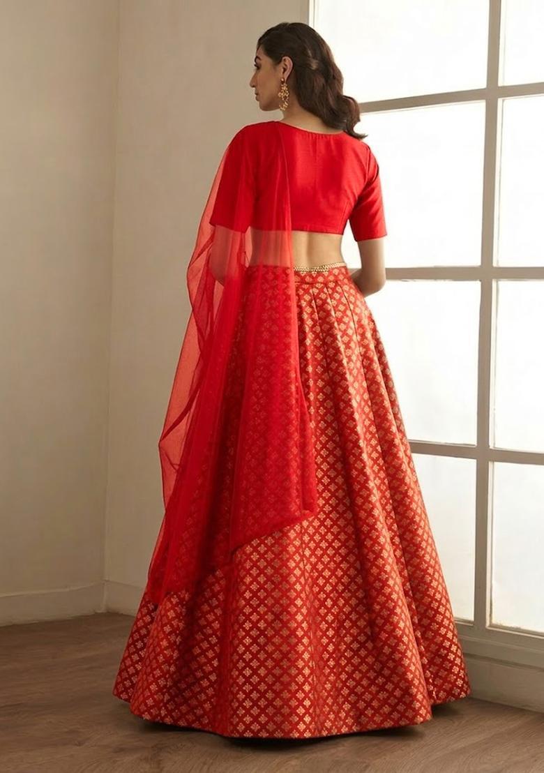 Red Brocade Lehenga Set - Indya