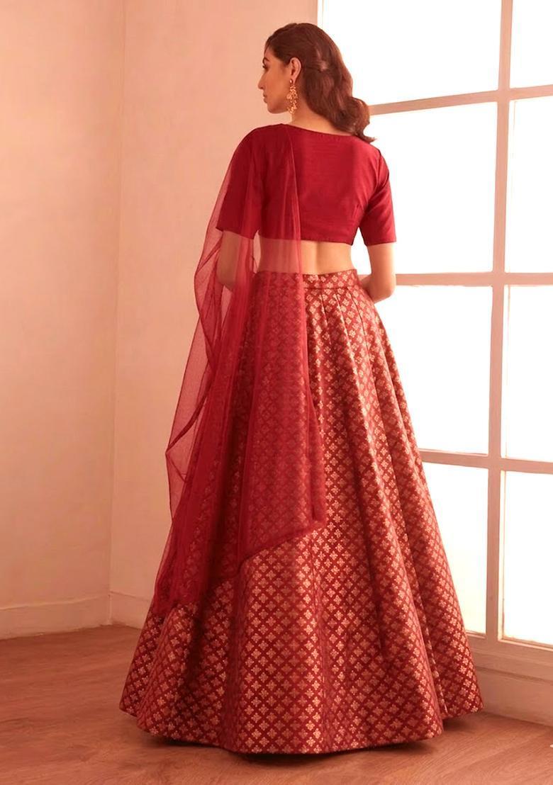 Maroon Brocade Lehenga Set - Indya