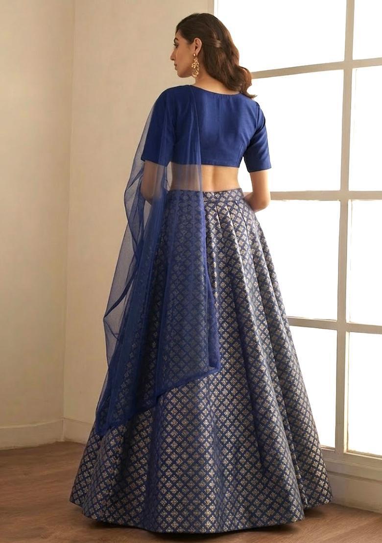 Navy Blue Brocade Lehenga Set - Indya