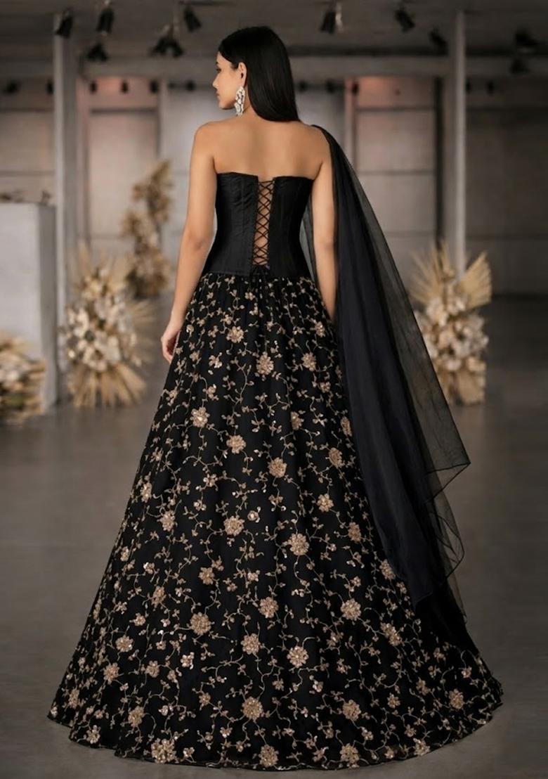 Black Sequin Crepe Lehenga Set - Indya