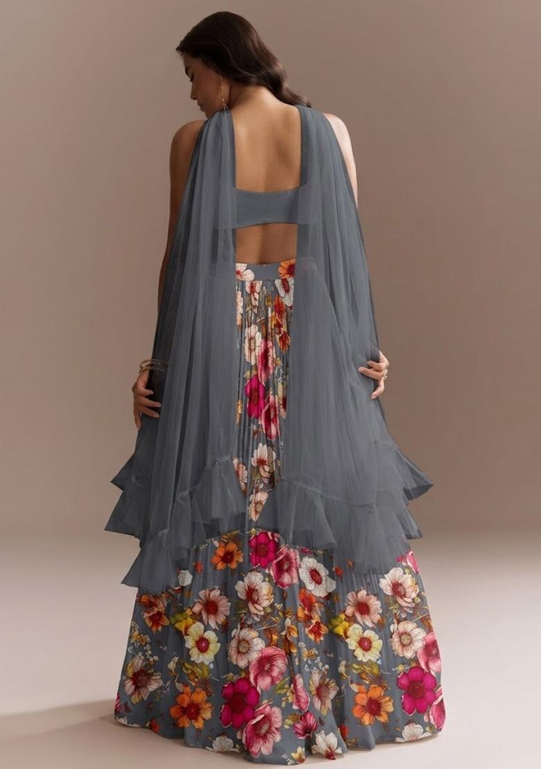 Grey Floral Print Crepe Lehenga Set - Indya