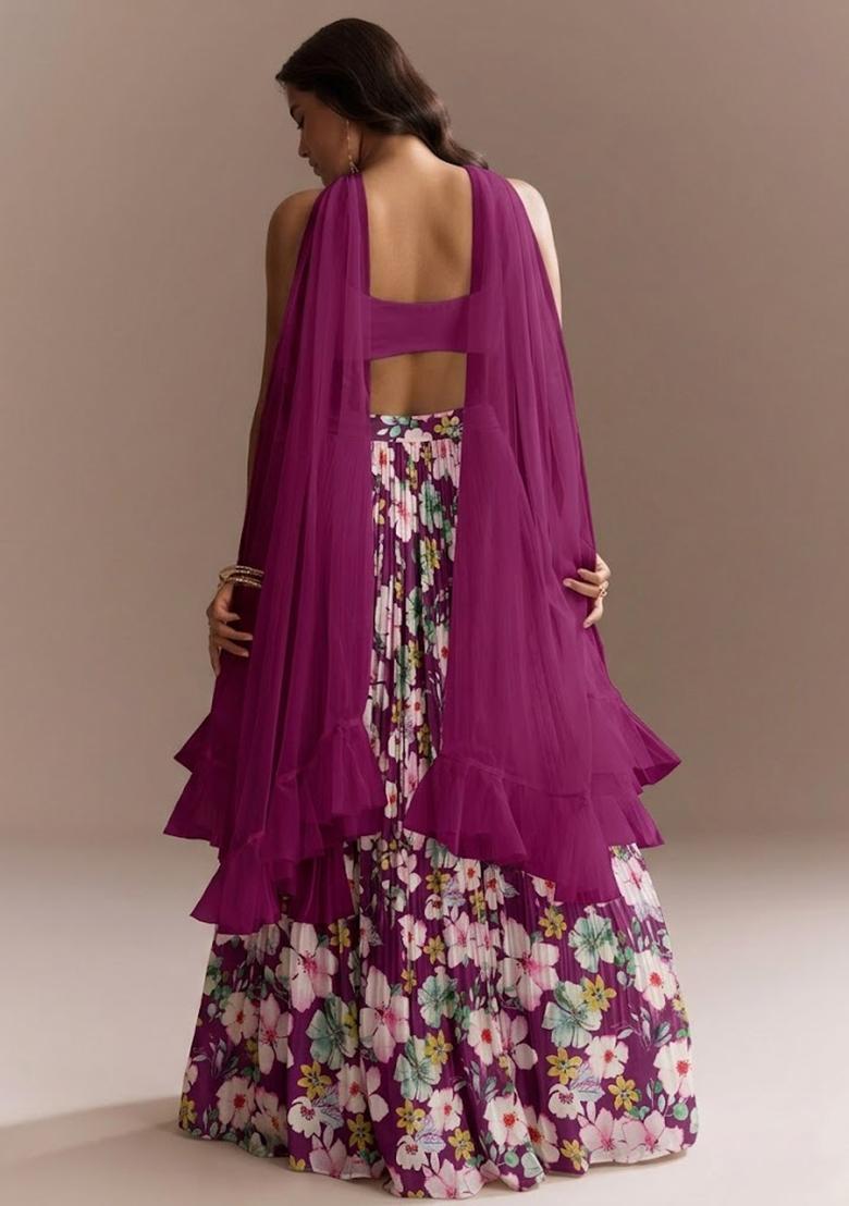 Purple Floral Print Crepe Lehenga Set - Indya