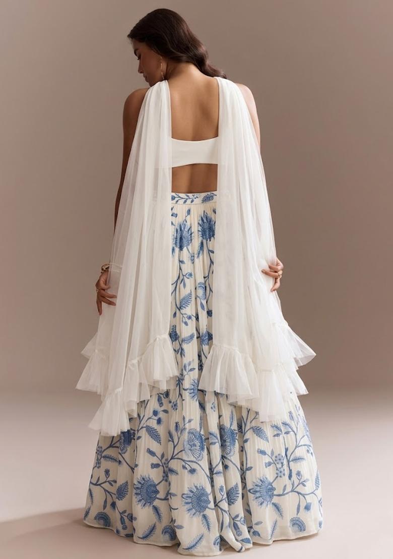 Off White Floral Print Crepe Lehenga Set - Indya