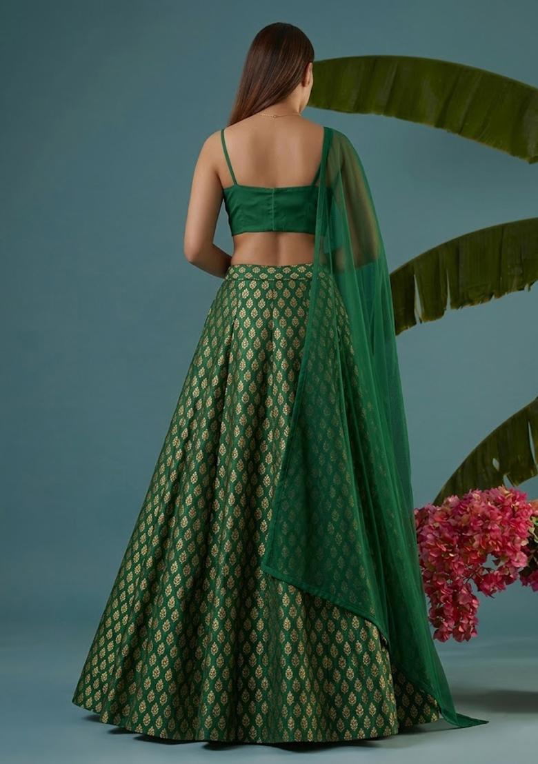Emerald Green Brocade Lehenga Set - Indya