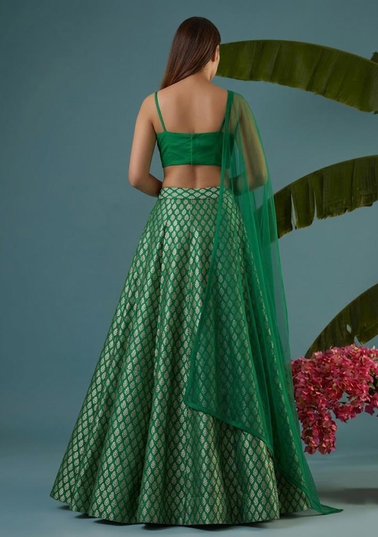 Emerald Green Brocade Lehenga Set - Indya