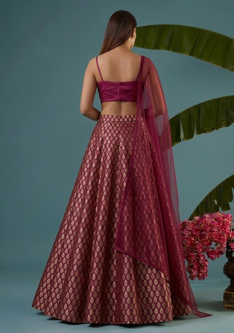 Wine Brocade Lehenga Set - Indya