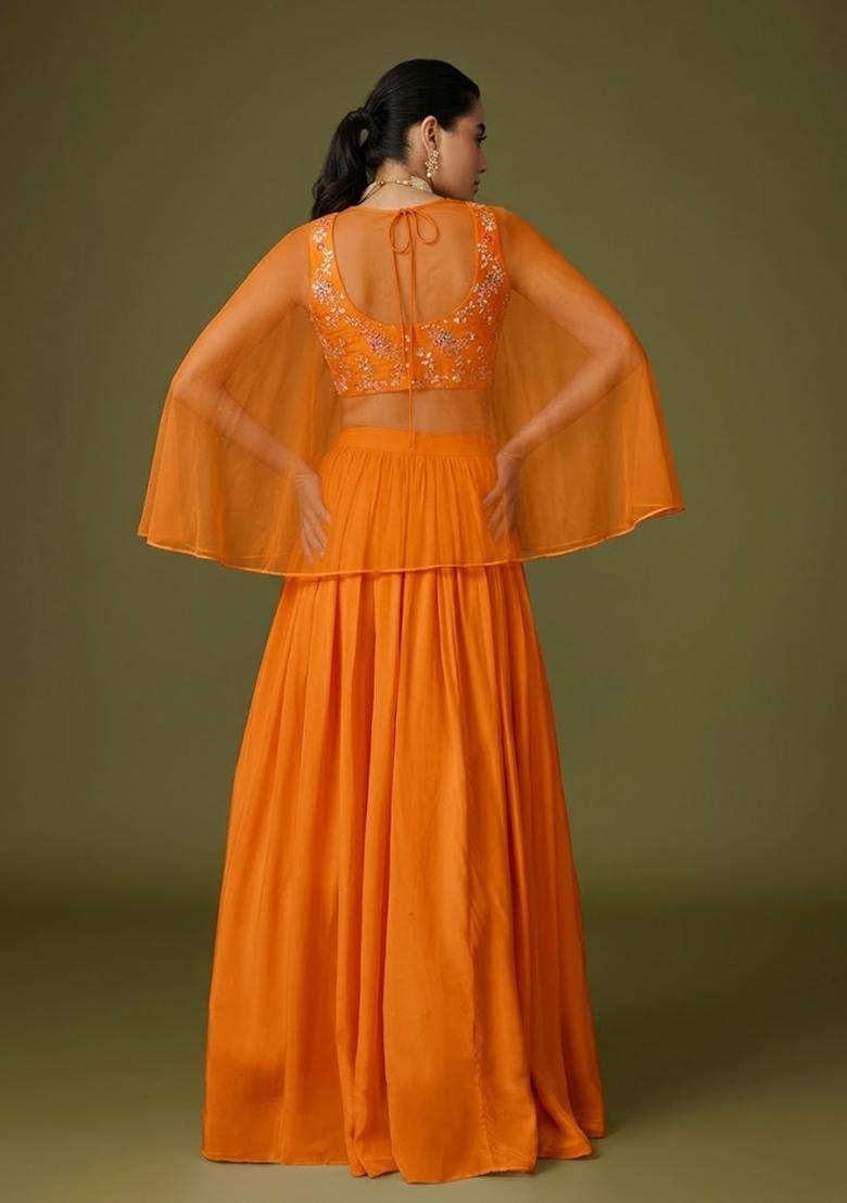 Bright Orange Embroidered Crepe Lehenga Set - Indya
