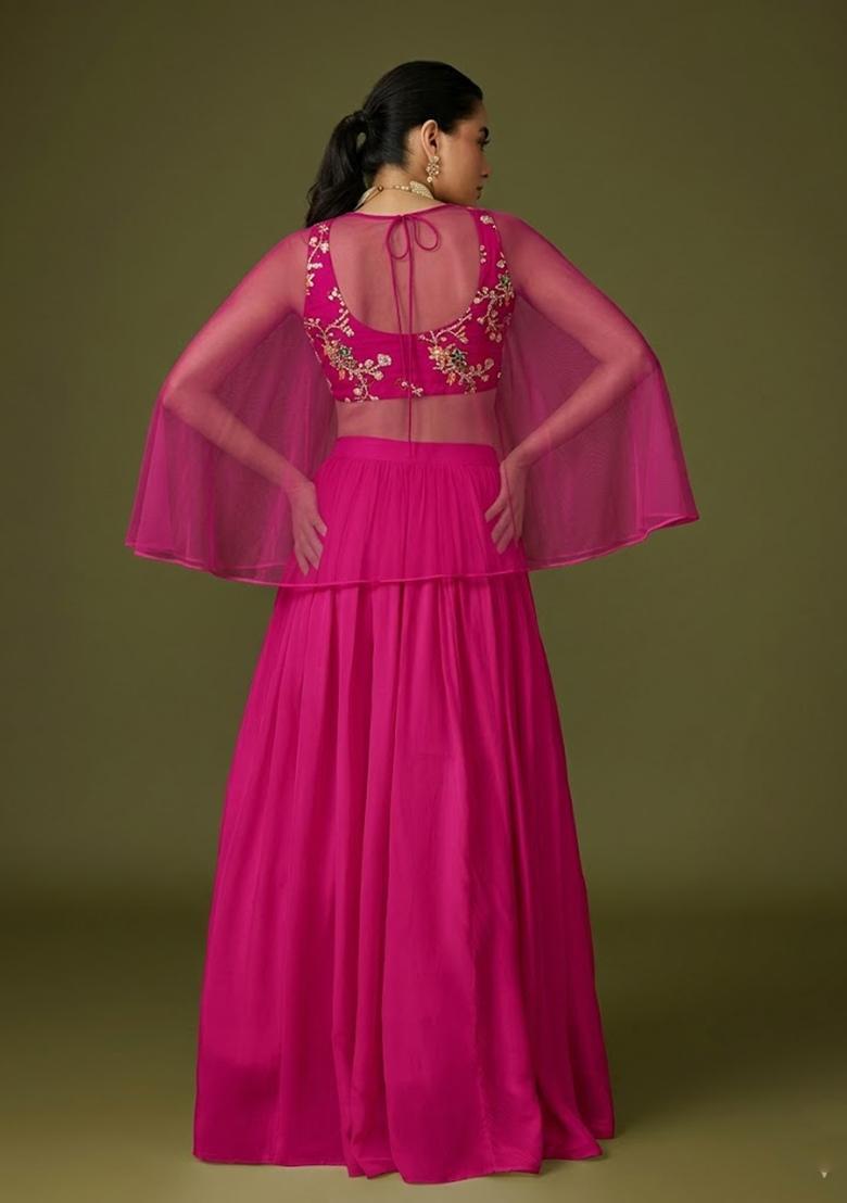 Rani Pink Embroidered Crepe Lehenga Set - Indya