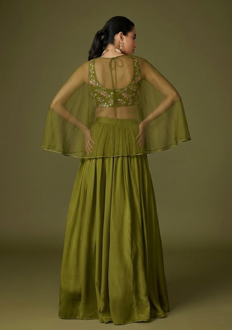 Olive Green Embroidered Crepe Lehenga Set - Indya