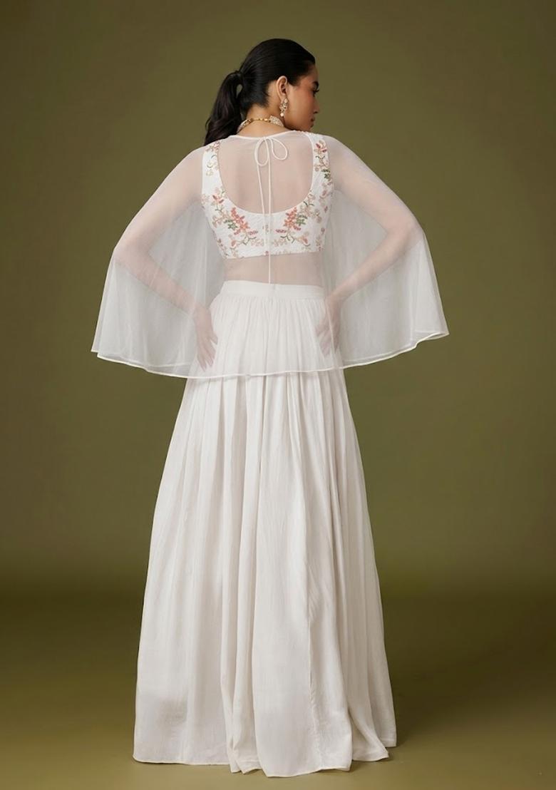 Off White Embroidered Crepe Lehenga Set - Indya