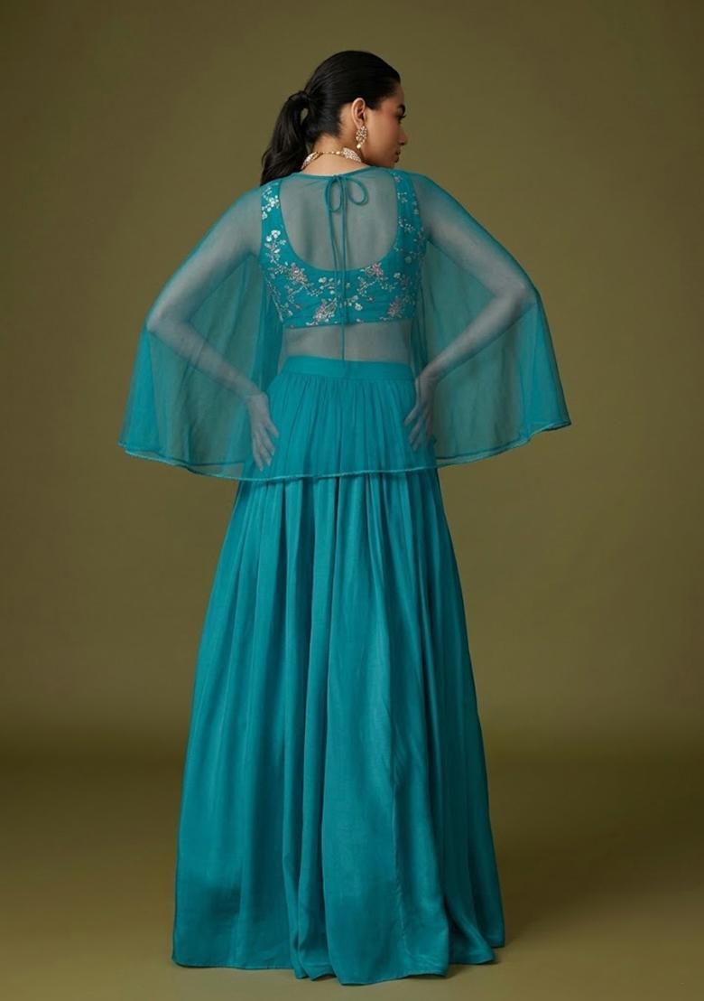 Teal Blue Embroidered Crepe Lehenga Set - Indya