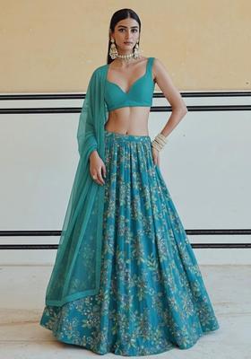 Teal Blue Floral Print Crepe Lehenga Set