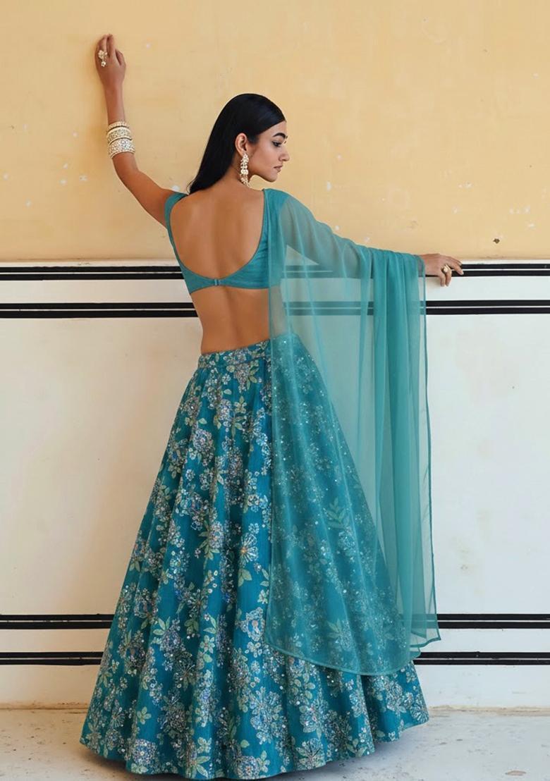 Teal Blue Floral Print Crepe Lehenga Set - Indya