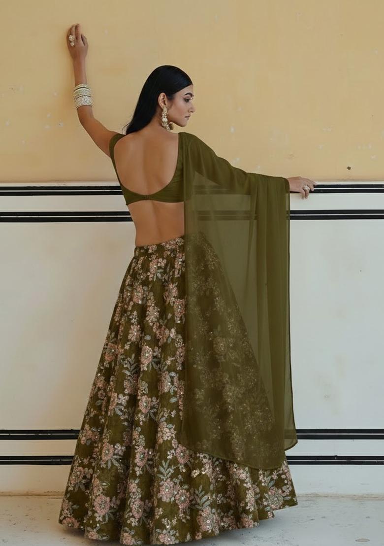 Olive Green Floral Print Crepe Lehenga Set - Indya