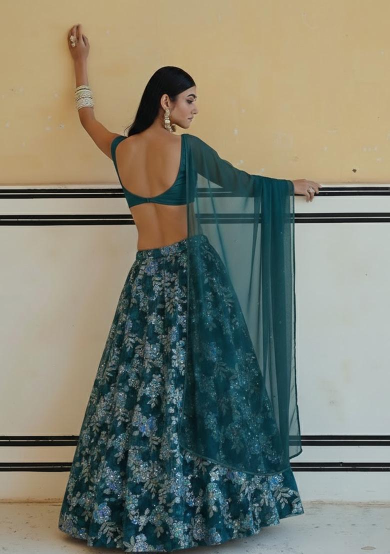 Teal Blue Floral Print Crepe Lehenga Set - Indya