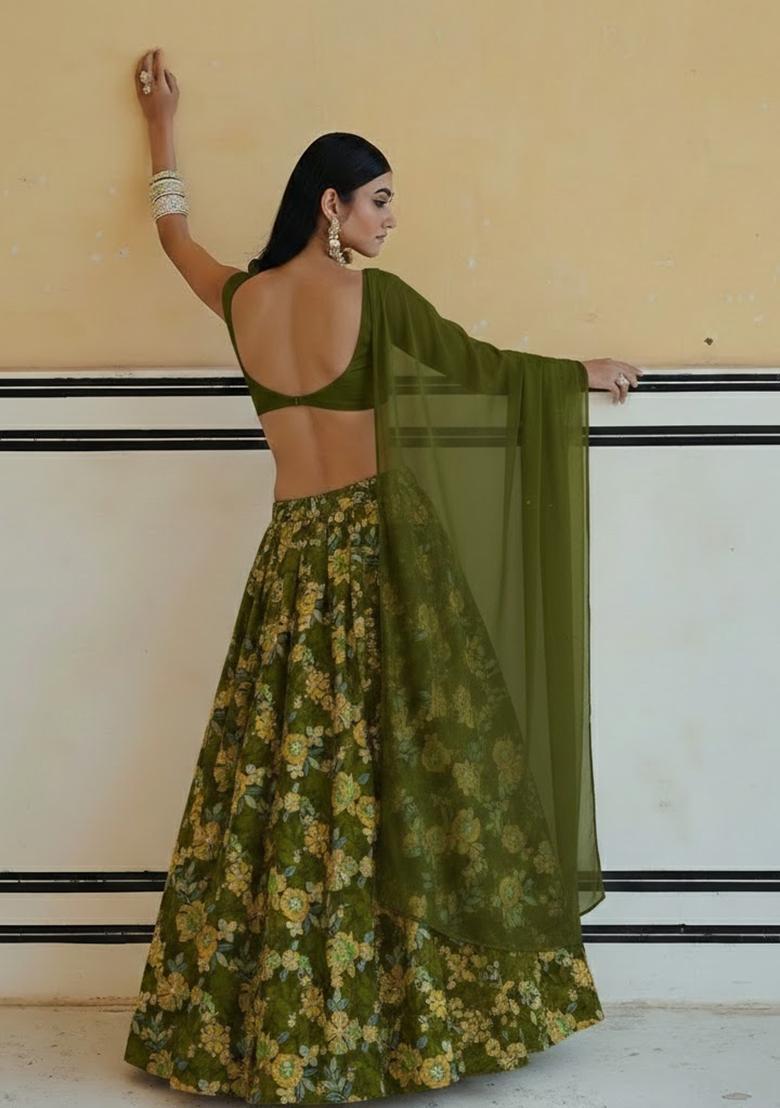 Olive Green Floral Print Crepe Lehenga Set - Indya