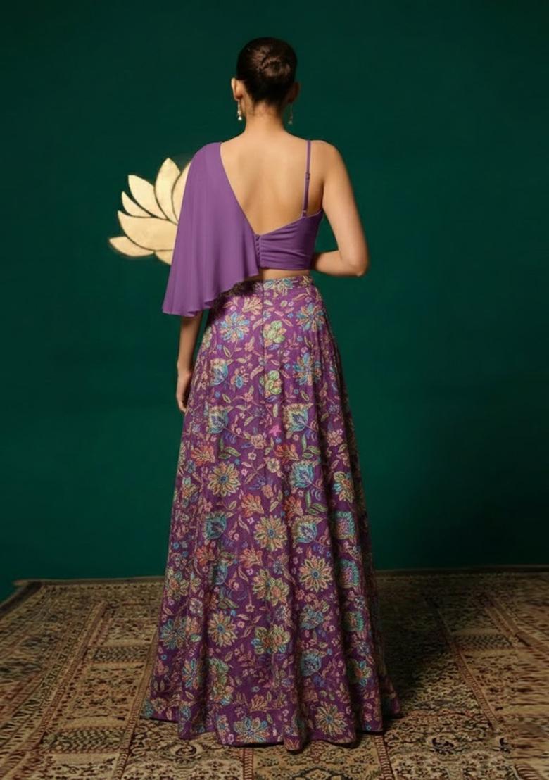 Plum Purple Floral Print Chinon Lehenga Set - Indya