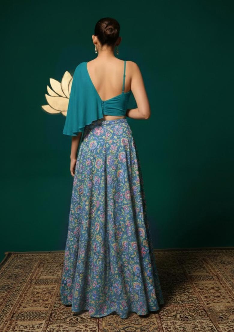 Teal Green Floral Print Chinon Lehenga Set - Indya