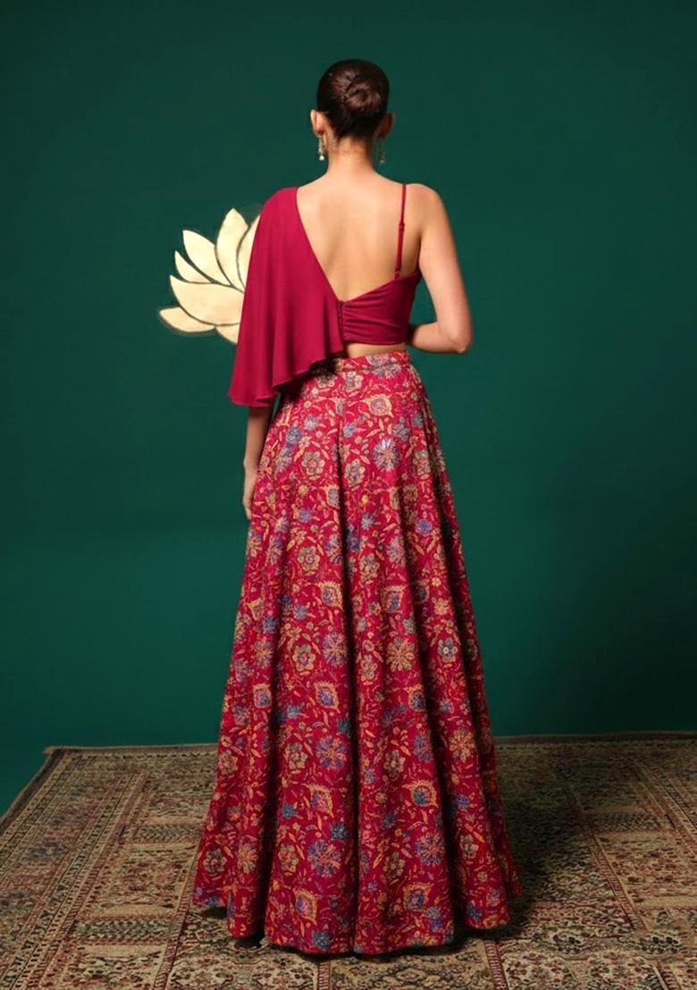 Rani Pink Floral Print Chinon Lehenga Set - Indya