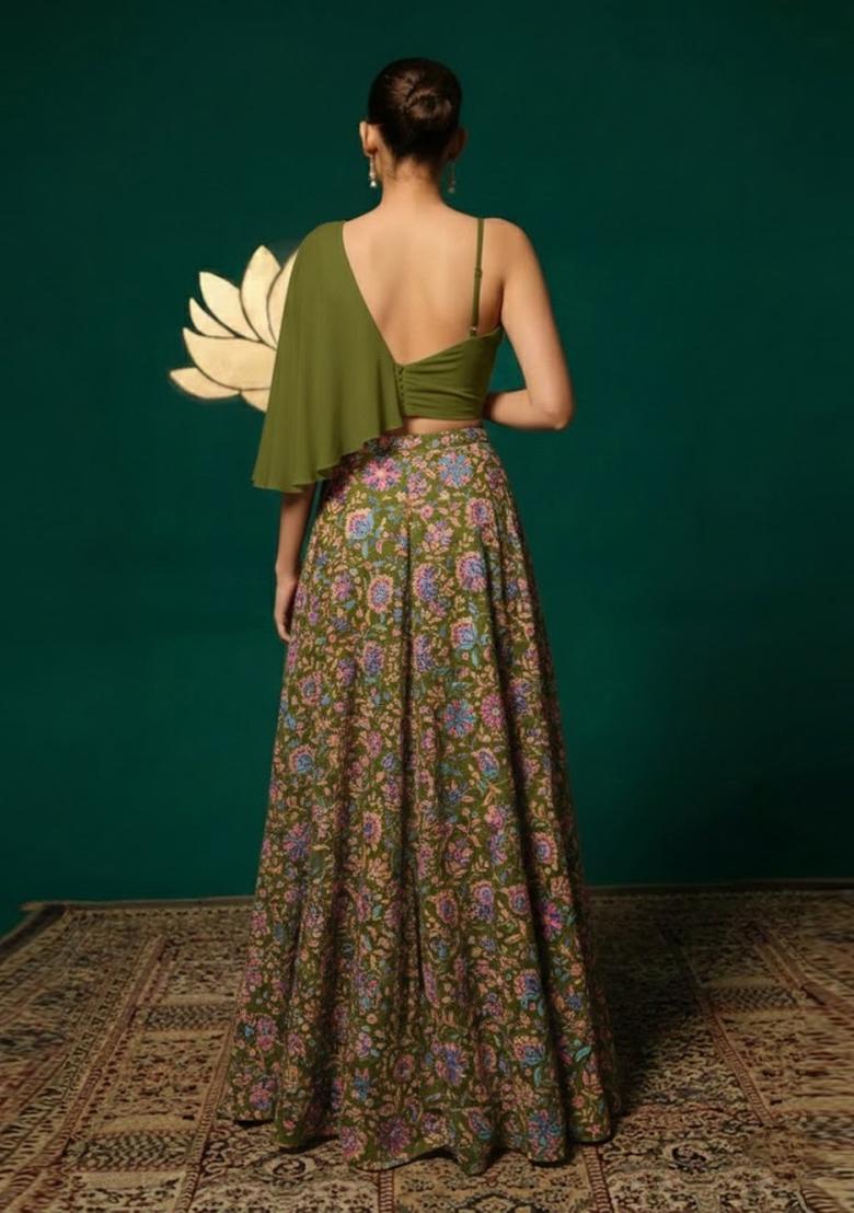 Olive Green Floral Print Chinon Lehenga Set - Indya