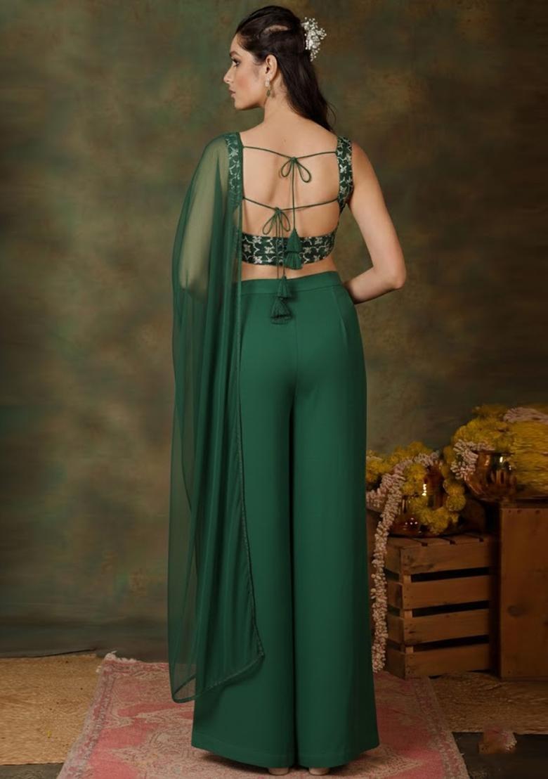 Bottle Green Silk Blend Lehenga Set - Indya