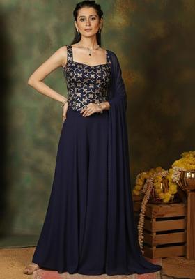 Navy Blue Silk Blend Lehenga Set