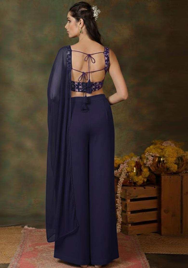 Navy Blue Silk Blend Lehenga Set - Indya