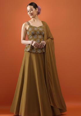 Rust Brown Sequin Silk Blend Lehenga Set