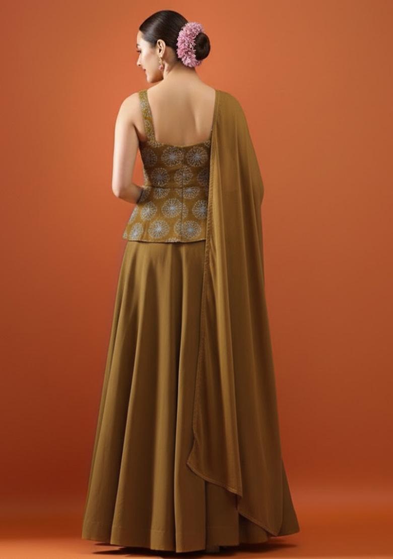 Rust Brown Sequin Silk Blend Lehenga Set - Indya
