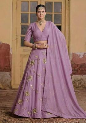 Lavender Embroidered Silk Blend Lehenga Set