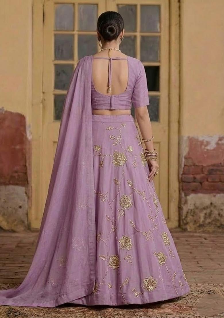 Lavender Embroidered Silk Blend Lehenga Set - Indya