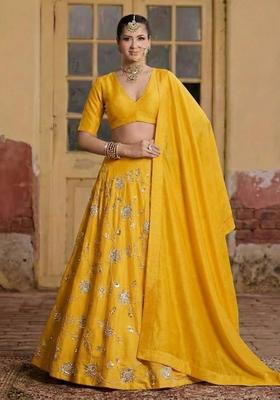 Yellow Embroidered Silk Blend Lehenga Set