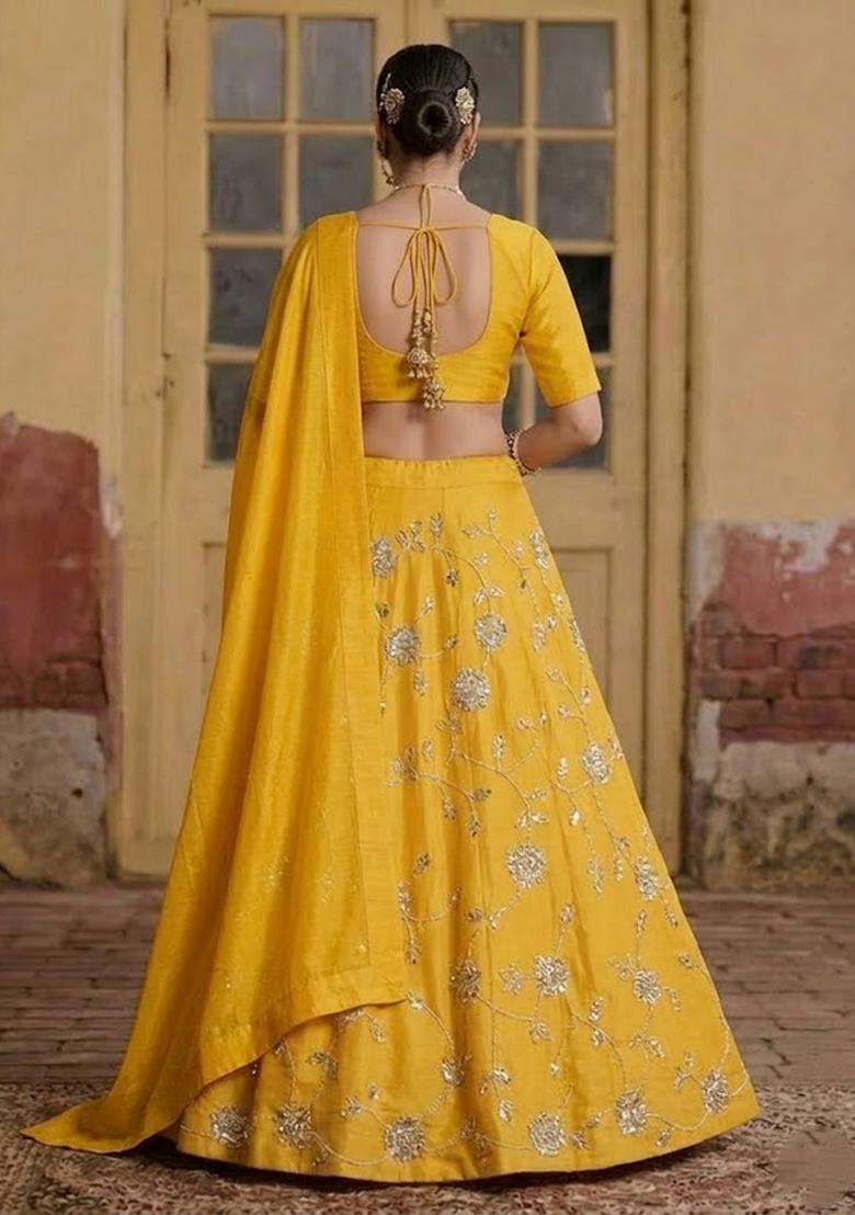 Yellow Embroidered Silk Blend Lehenga Set - Indya