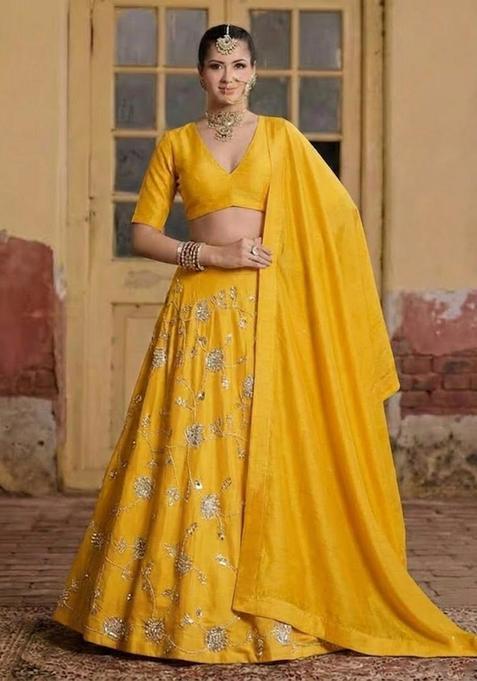 Yellow Embroidered Silk Blend Lehenga Set
