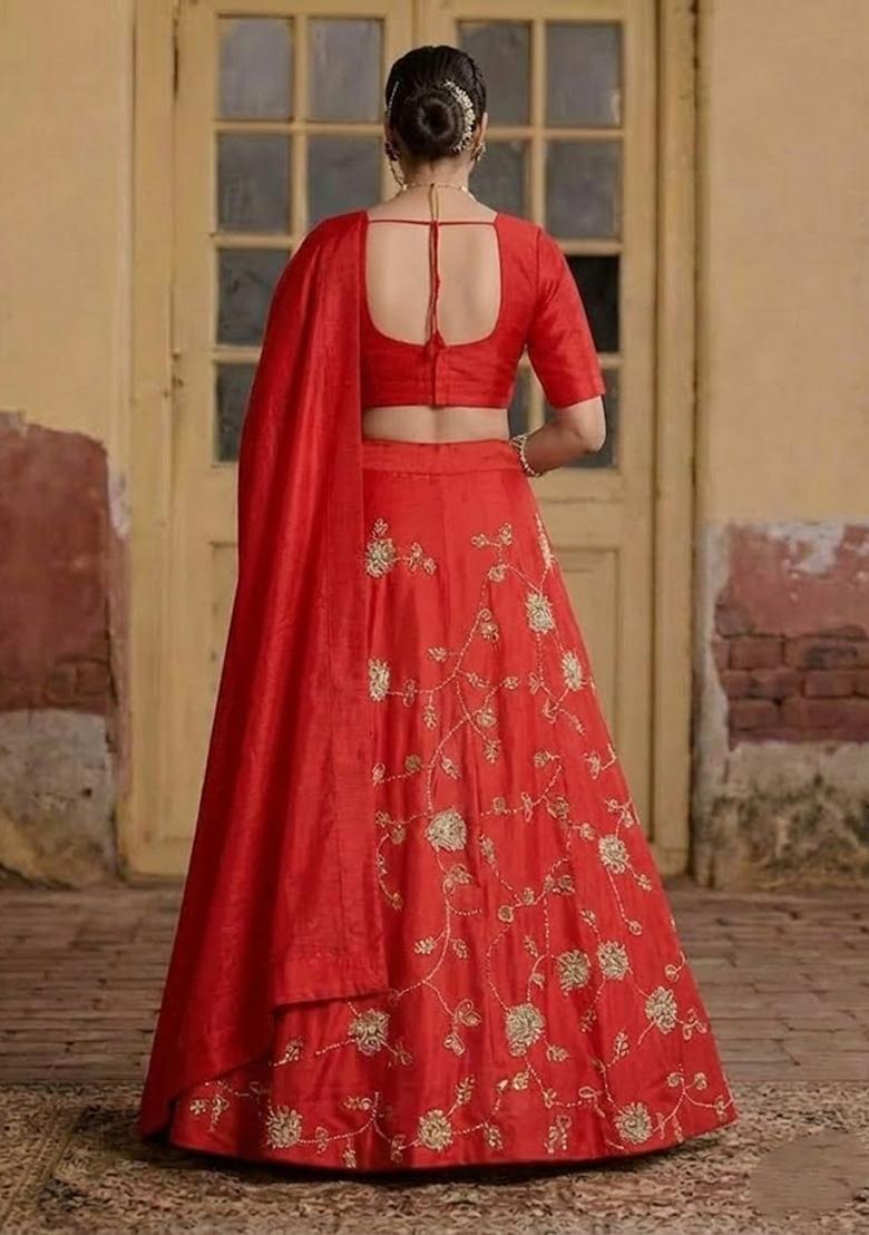 Red Embroidered Silk Blend Lehenga Set - Indya