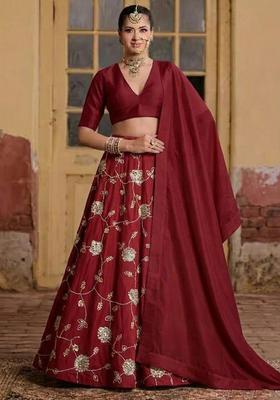 Maroon Embroidered Silk Blend Lehenga Set