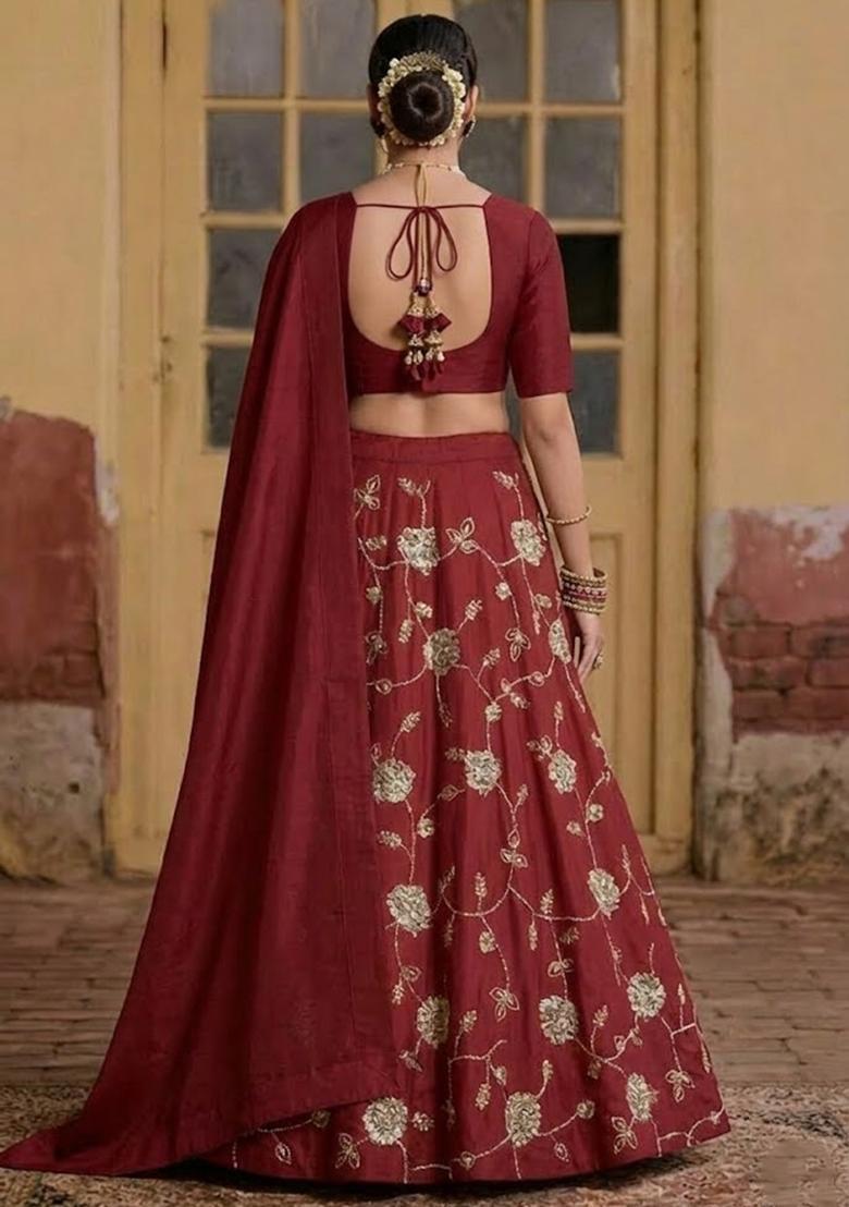Maroon Embroidered Silk Blend Lehenga Set - Indya