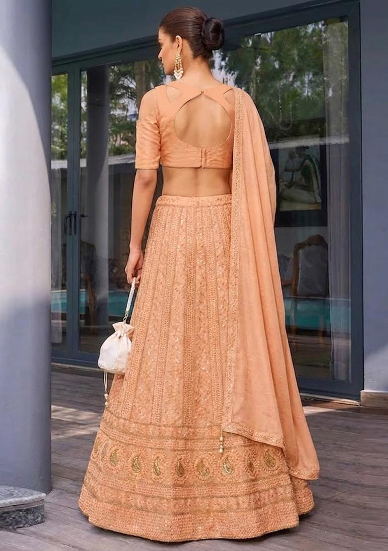 Peach Embroidered Crepe Lehenga Set - Indya