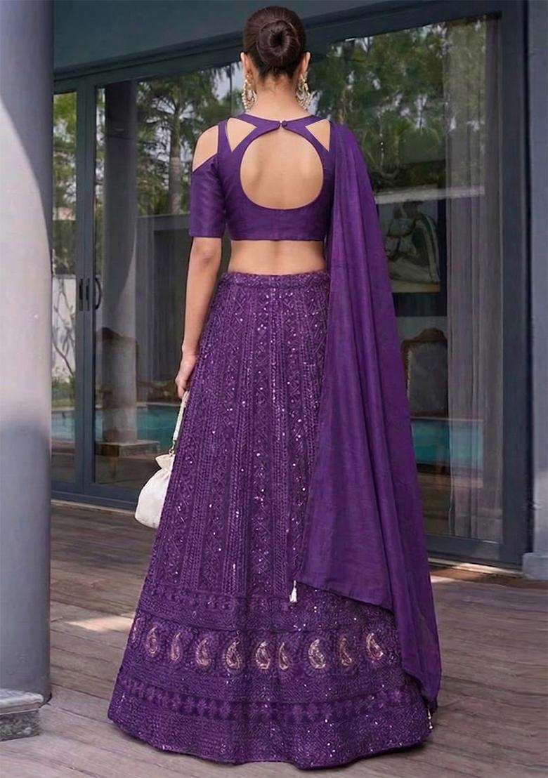 Purple Embroidered Crepe Lehenga Set - Indya