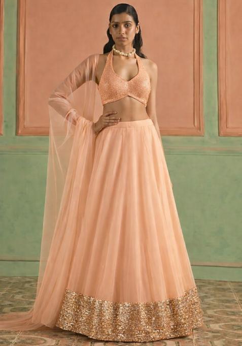 Peach Sequin Shimmer Lehenga Set