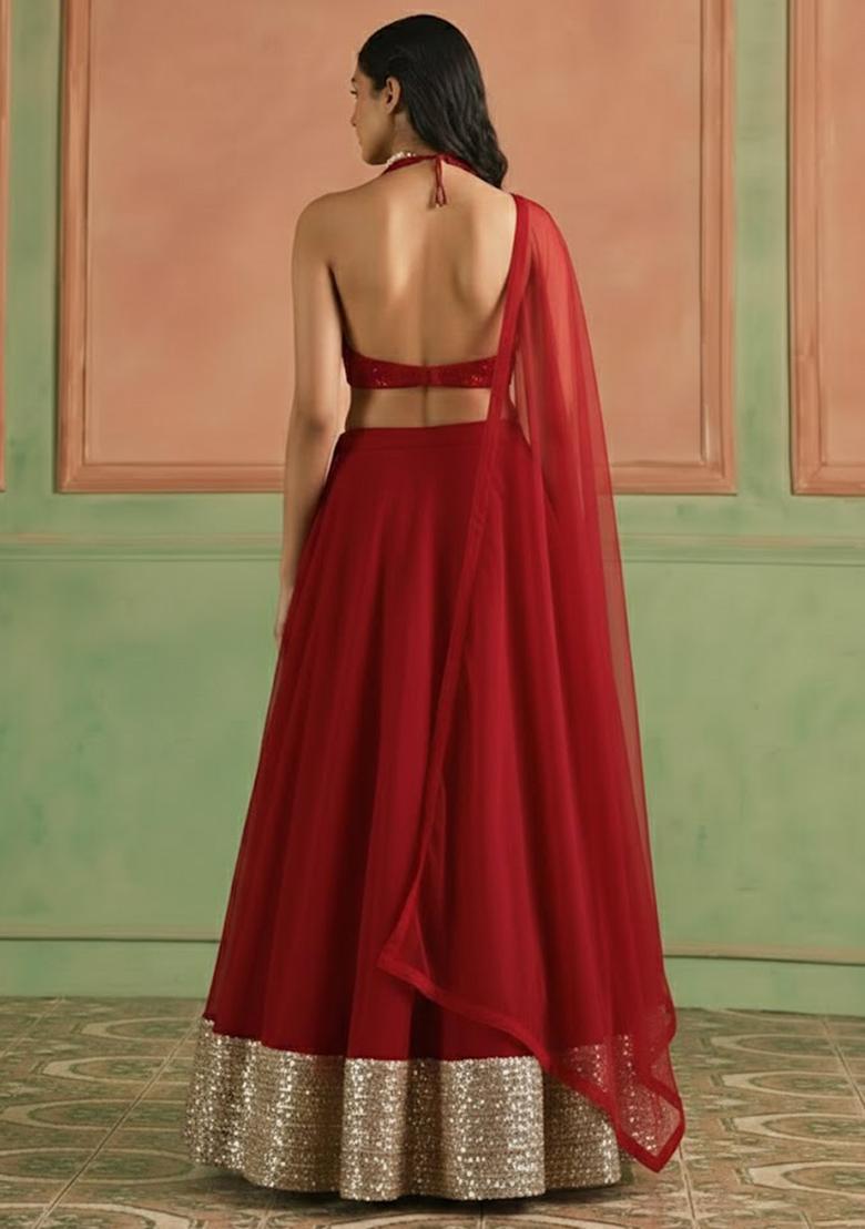 Red Sequin Shimmer Lehenga Set - Indya