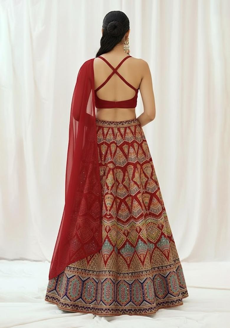 Red Printed Crepe Lehenga Set - Indya