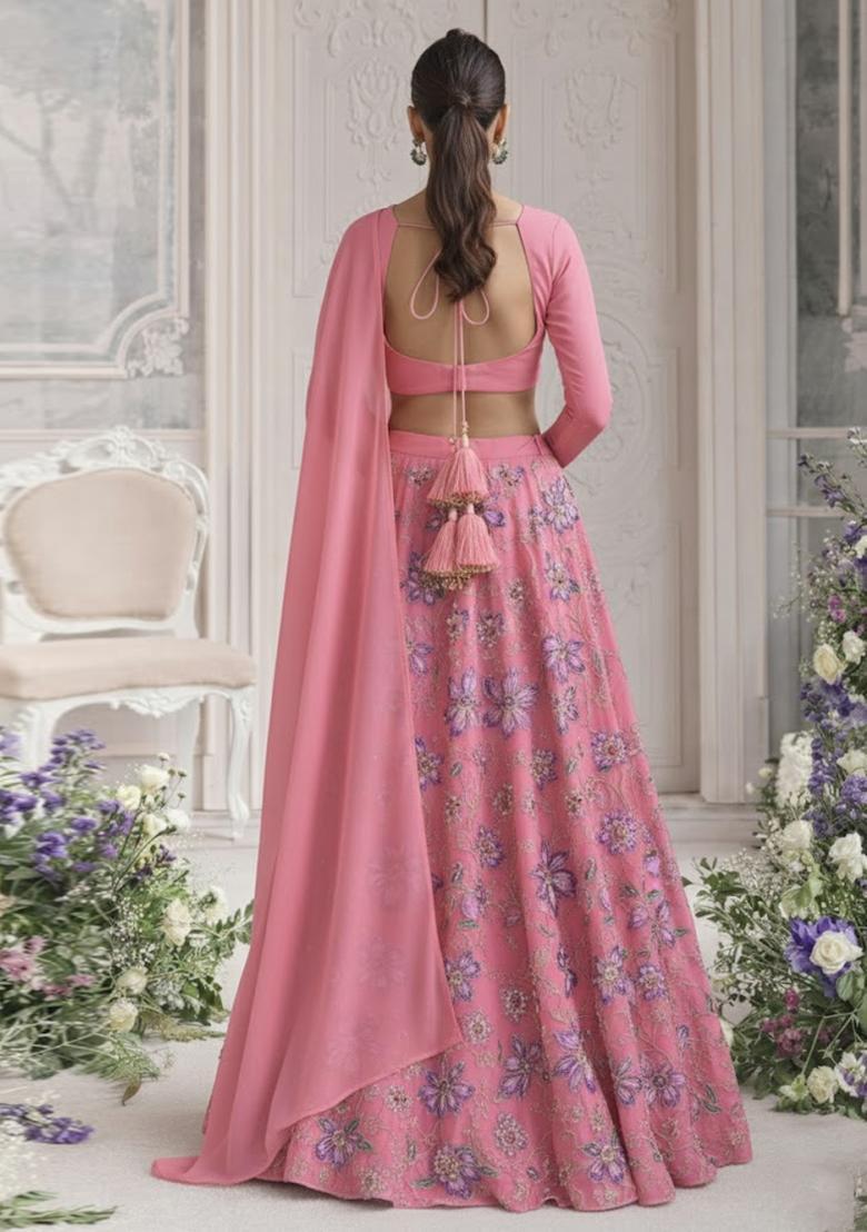 Pink Embroidered Organza Lehenga Set - Indya