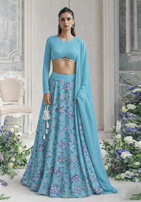Sky Blue Embroidered Organza Lehenga Set
