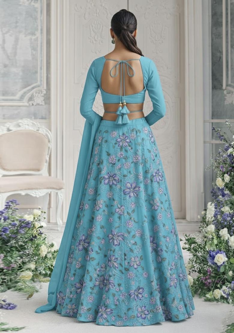 Sky Blue Embroidered Organza Lehenga Set - Indya