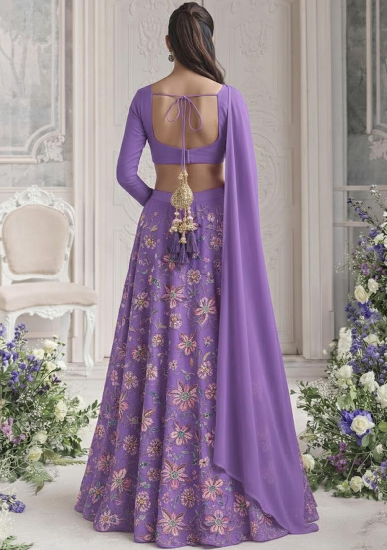 Lavender Embroidered Organza Lehenga Set - Indya
