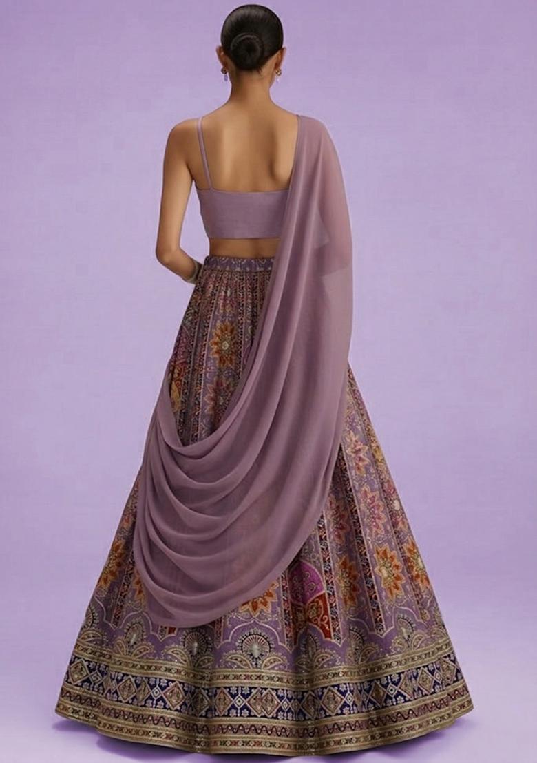 Lavender Embroidered Crepe Lehenga Set - Indya