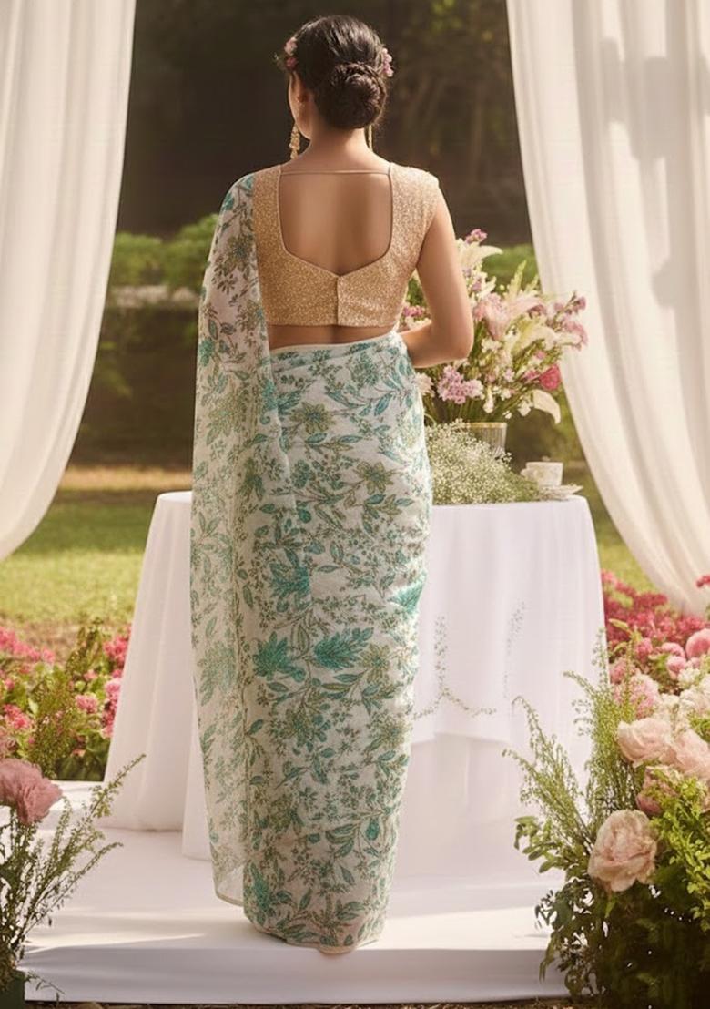 Mint Green Printed Crepe Pre Draped Saree Set - Indya