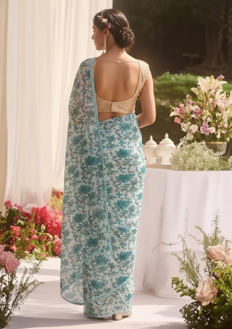 White Printed Crepe Pre Draped Saree Set - Indya