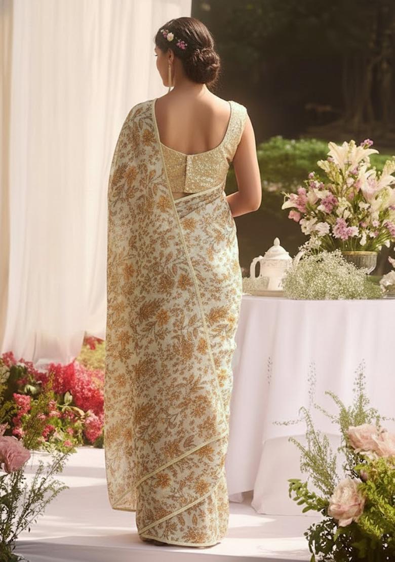 White Printed Crepe Pre Draped Saree Set - Indya